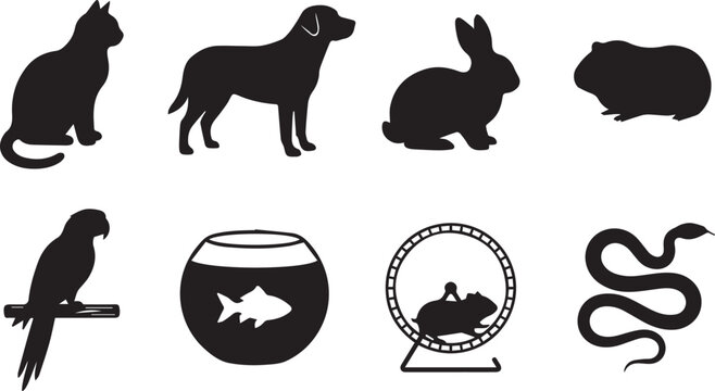 Collection of domestic pets black silhouettes featuring dog cat rabbit parrot and hamster isolated on white background