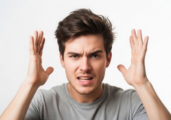 Fototapeta premium Angry young man gesturing with hands isolated on white background