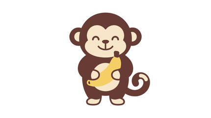 Cute cartoon monkey character holding a delicious yellow banana. © Pidi