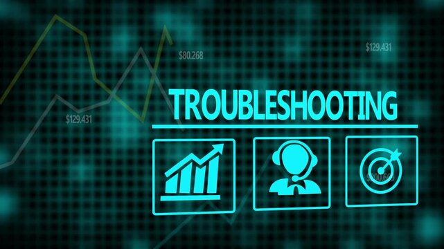 Troubleshooting concept on a flashing computer monitor with moving graphs and data.