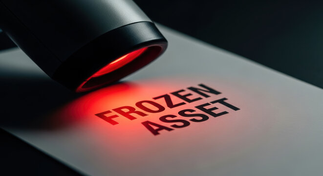 Frozen asset text under red light shows urgent financial risk and trouble concept for business and economy