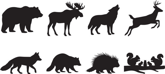 Obraz premium Collection of wild forest animal black silhouettes including bear wolf moose and deer isolated on white background