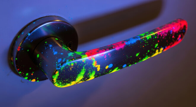 Colorful door handle with neon paint splatter UV light showing antimicrobial resistance concept creative way with vibrant colors and dark