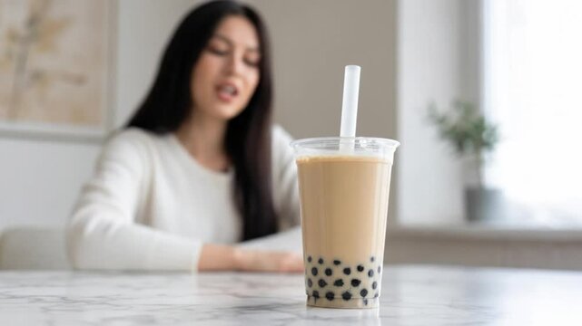 Healthy Lifestyle Concept: Young Woman Refusing High-Sugar Bubble Tea Drink