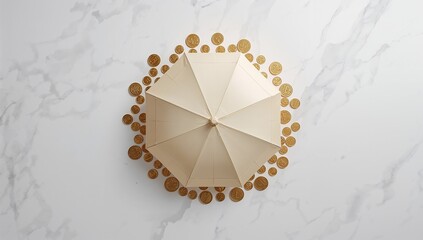 Fototapeta premium Umbrella with Coins Arranged in a Circular Pattern on a Marble Surface