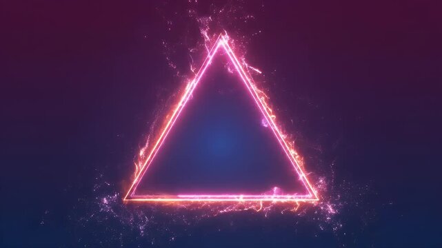 Glowing pink triangle with fiery particles against a dark, starry background