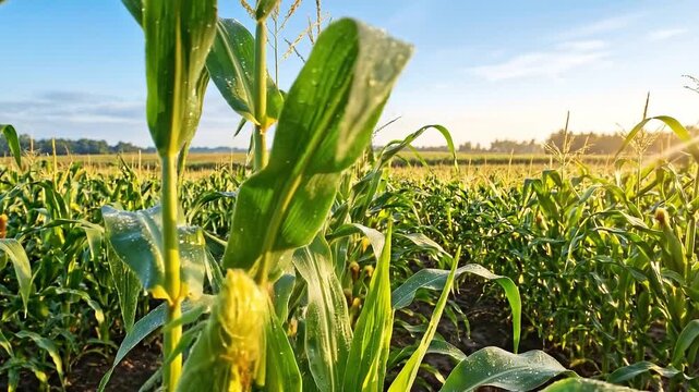 Panning shot of corn stalks glistening with morning dew as sun rises over agricultural field and rows of green maize