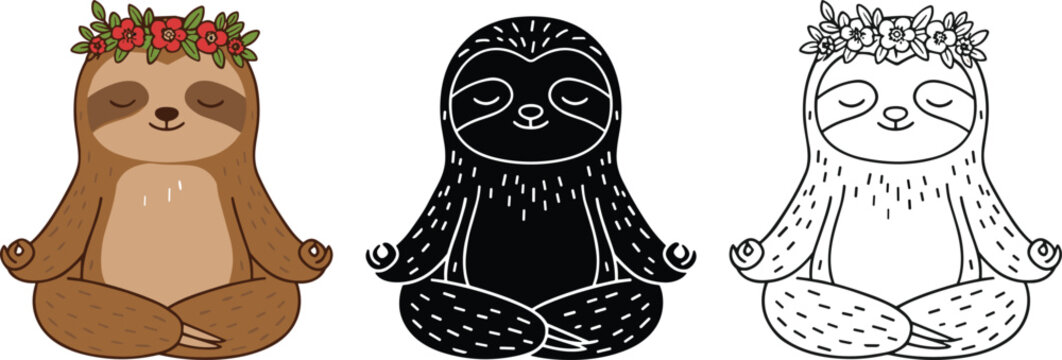 Set of cute meditating sloth characters with flower crowns in color silhouette and line art styles for yoga and wellness designs