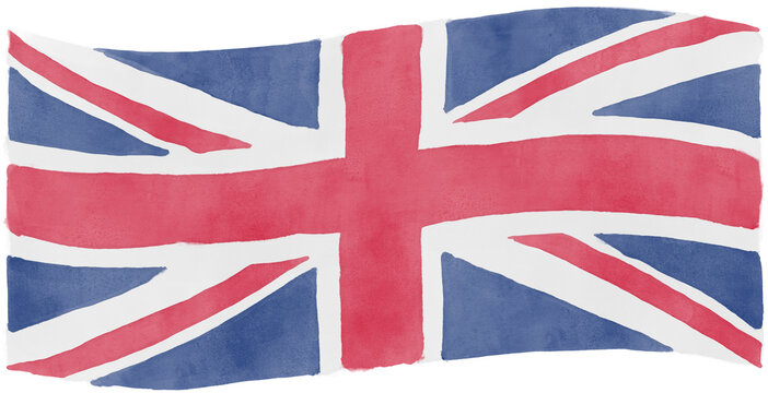 Waving United Kingdom flag illustration in watercolor style, isolated on white background (pale)