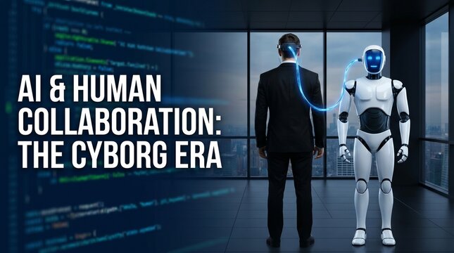 AI and human collaboration in the cyborg era &ndash; a businessman connected to a humanoid robot in a modern office with digital code overlay