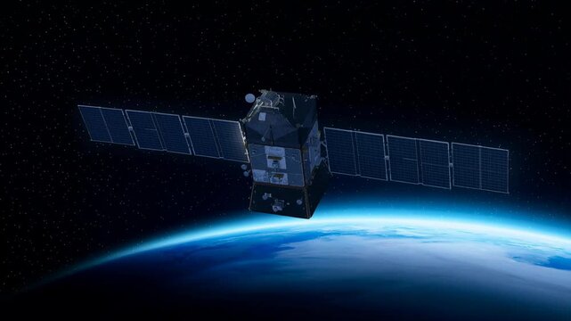 Satellite orbiting Earth smoothly above atmosphere with fully extended solar panels in space