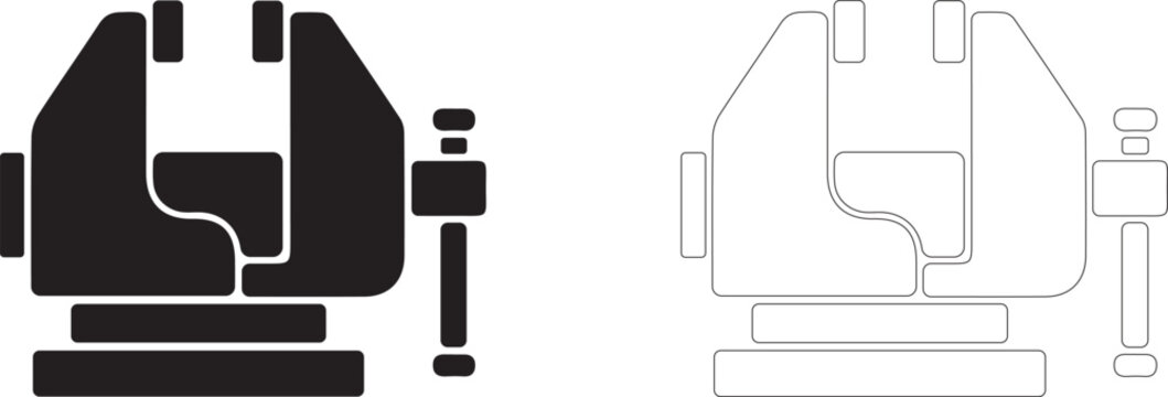 Bench vice vector icon, workshop clamp tool symbol, material holding fixture and artisan manufacturing.