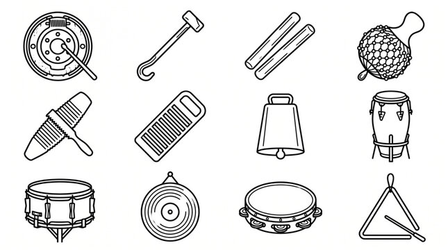Collection of Musical Percussion Instrument Icons Featuring Drums Bells and Rattles in Detailed Black and White Line Art Style