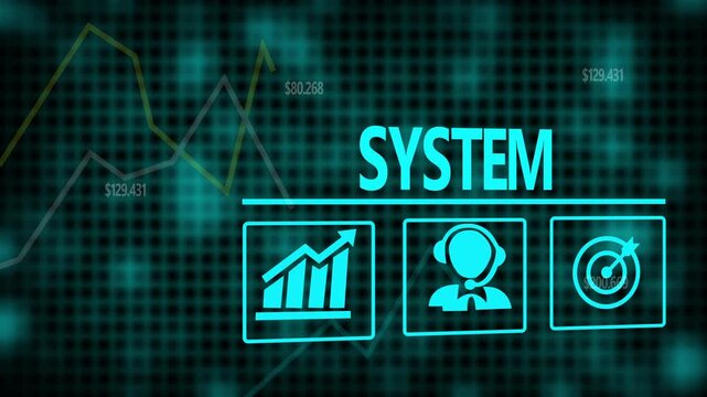 System business concept on a flashing computer monitor with moving graphs and data.