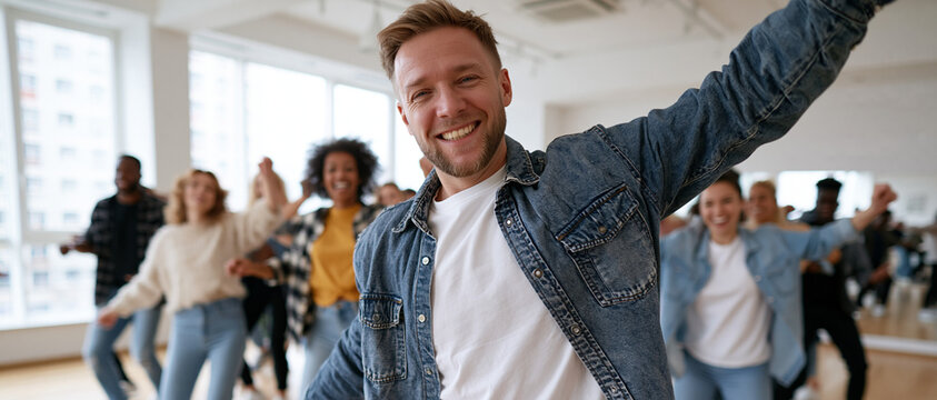 Casual male dance instructor teaching a fun class for diverse adults in a trendy modern studio. Cheerful handsome teacher dancing and smiling at camera. Active lifestyle and hobby concept. Long banner