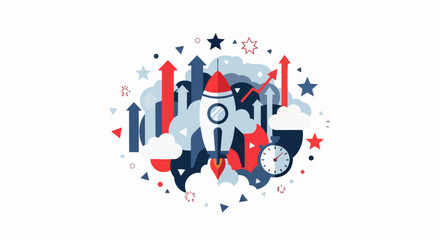 Obraz premium Business Startup Rocket Launch Concept Vector Illustration with Growth Arrows and Stopwatch