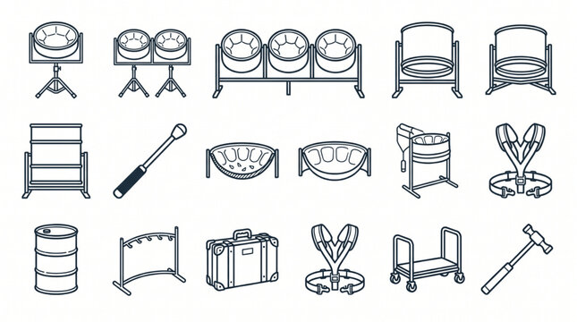 Linear percussion instrument icon set featuring timpani drums orchestral mallets and musical equipment gear