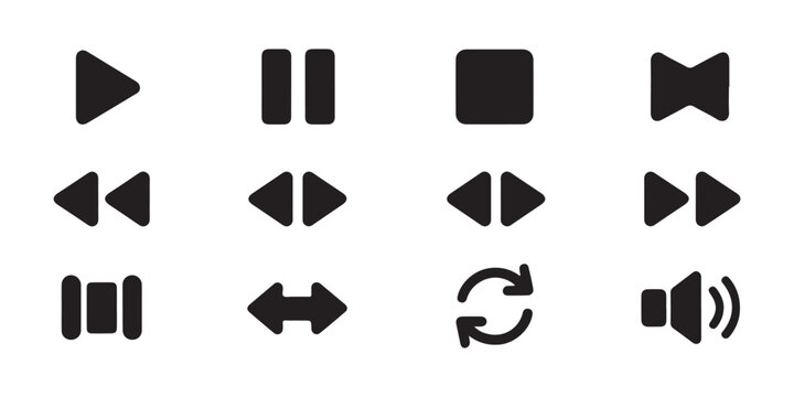 Set of media player control buttons featuring play pause stop rewind and skip navigation icons.