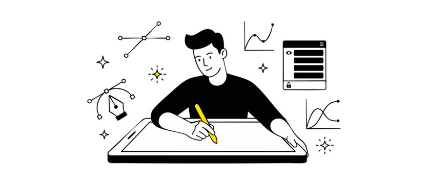 Graphic designer drawing digital illustration on tablet with stylus, featuring vector pen tool and UI layer interface icons, showcasing creative modern workspace workflow and design process concept.