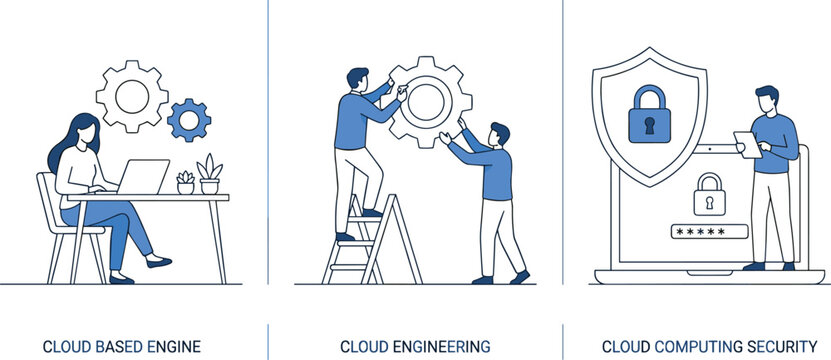 Cloud computing concept illustration set with people working on engineering data security networks and based web servers engine