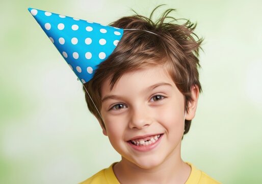Happy young boy with a missing front tooth wearing a blue polka dot party hat, smiling at the camera against a soft green background