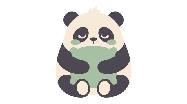 Cute cartoon panda bear hugging a soft green pillow.