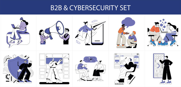 B2B Marketing and Cybersecurity Vector Illustration Bundle for Corporate Data Security and Business Communication