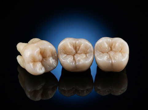 Three realistic molar teeth with reflective black surface background tooth dental