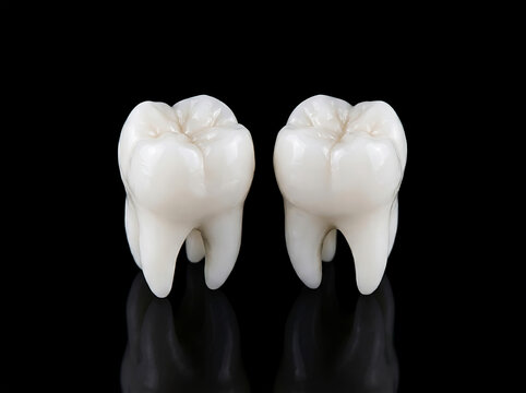 Two white ceramic dental crowns on black reflective surface tooth teeth