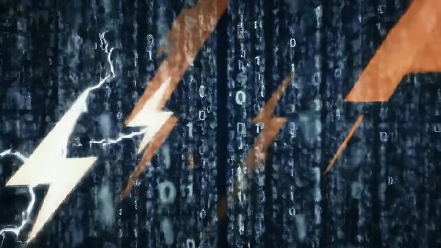 Abstract digital storm with lightning strikes and binary code data flow