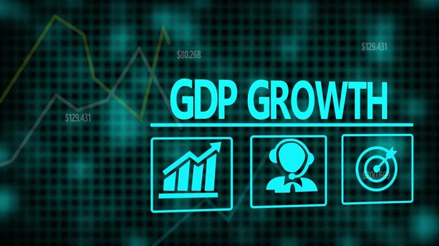 A GDP Growth business concept on a flashing computer monitor with moving graphs and data.