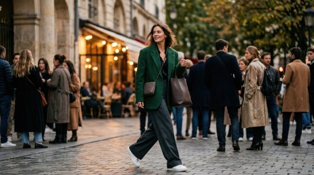 Woman walking on city street people.