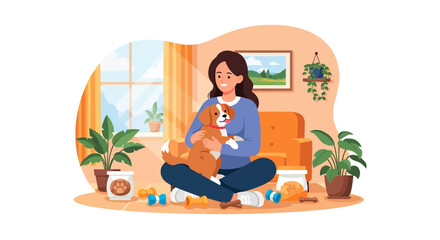 Fototapeta premium Vector illustration of a smiling woman sitting on the floor hugging a small brown and white dog in a living room with house plants, pet toys, and bags of food.