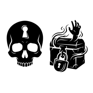 Skull with keyhole and cursed chest with ghostly hand halloween supernatural