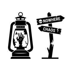 Lantern with zombie hand and signpost pointing to chaos and nowhere, signpost © anarul