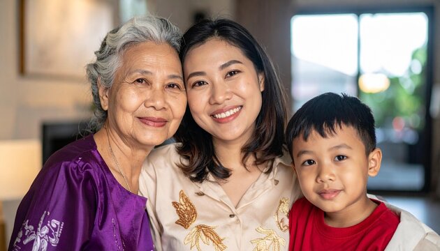 Multi-generational Asian family portrait with grandmother, mother, and son smiling