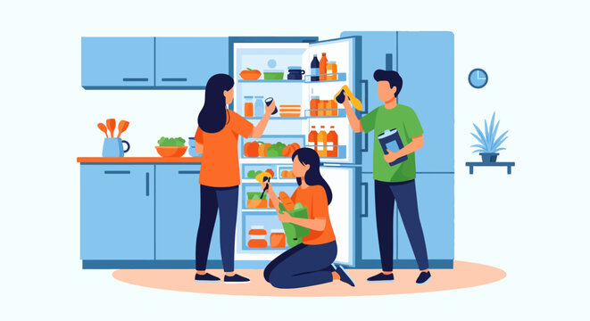 Flat vector illustration of three young people cleaning and organizing a modern kitchen refrigerator filled with various food items, jars, and fresh groceries in a blue kitchen setting.