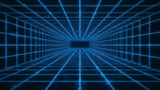 A glowing blue digital grid tunnel receding into the distance