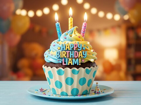 happy birthday liam personalized chocolate cupcake polka dot wrapper colorful candles party