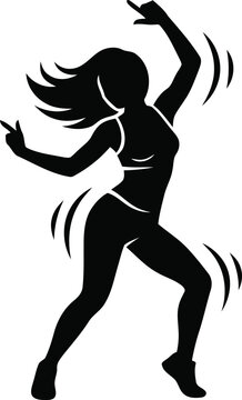 Dynamic dancing woman silhouette vector, energetic female dancer in motion, black and white fitness workout icon for gym and club posters