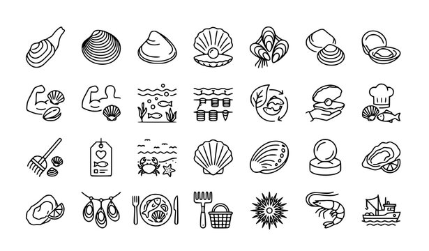 Ocean Shellfish and Seafood Nutrition Line Icons Vector Set with Clam Oyster Mussel and Aquaculture Concepts