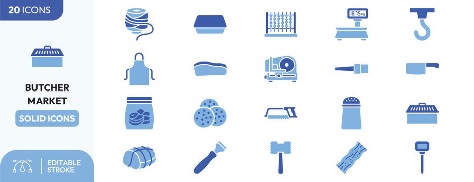 Butcher Shop Tools icon set. Containing meat hooks, knives, cutting boards, weighing scales, and more. Editable stroke. Vector illustration.
