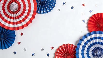 Obraz premium A festive, patriotic scene with red, white, and blue paper fans and stars scattered on a white background, evoking a Fourth of July celebration.