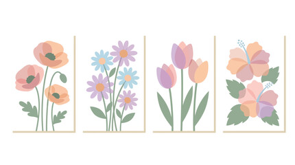 Obraz premium Flowers arranged in artistic panels create a beautiful botanical collection for modern interior wall decoration art.