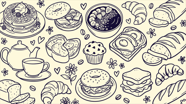 Hand Drawn Bakery and Breakfast Food Seamless Vector Pattern Illustration with Croissant, Pancakes, Bagel, Toast, Bread, and Coffee