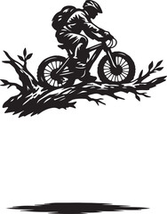 Naklejka premium Mountain biker riding on tree log 