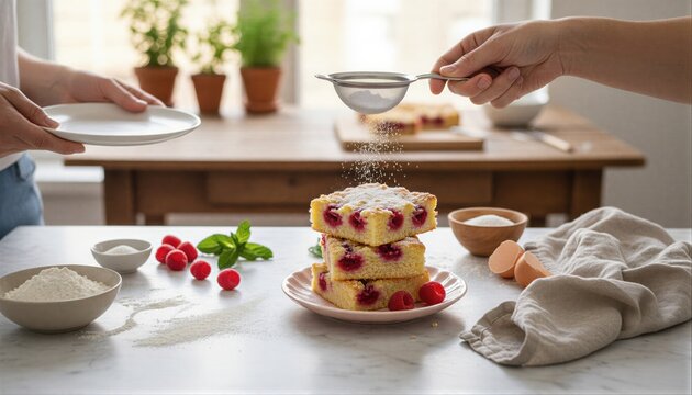 Friends decorating homemade raspberry cake together