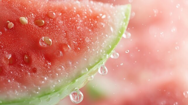 Watermelon slice showing fresh succulence and refreshing water droplets