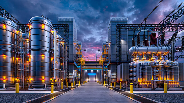 Station de distribution moderne d&eacute;di&eacute;e aux &eacute;nergies propres. De grands r&eacute;servoirs m&eacute;talliques de stockage d'hydrog&egrave;ne s'alignent aux c&ocirc;t&eacute;s de transformateurs &eacute;lectriques