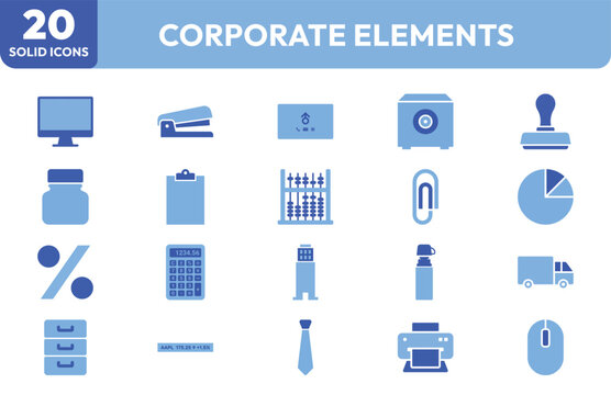 Corporate Tools icon set. Containing computer, stapler, phone, projector, stamp, clipboard, abacus, paperclip, pie chart, percentage, calculator, building, spray bottle, truck, and more. Editable stro